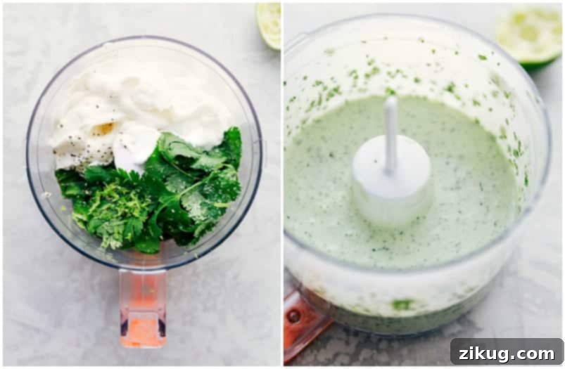 A vibrant cilantro-lime sauce for shrimp tacos being mixed in a small blender or food processor.