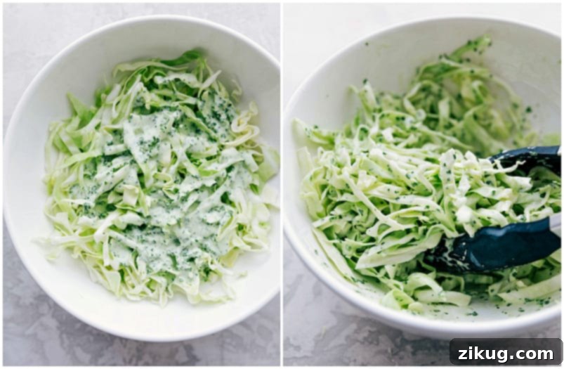 Shredded green cabbage mixed with the creamy cilantro-lime sauce, creating a vibrant and delicious taco topping.