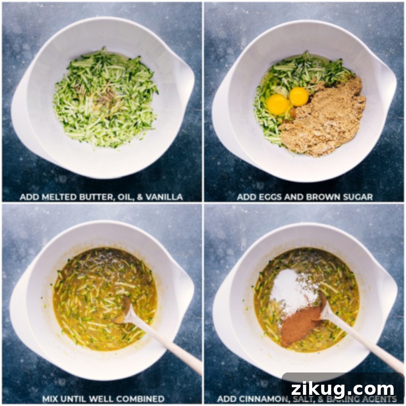 Step-by-step image showing melted butter, oil, vanilla, eggs and brown sugar being added to a large bowl, followed by cinnamon, salt, and baking agents for the Zucchini Bread Recipe.