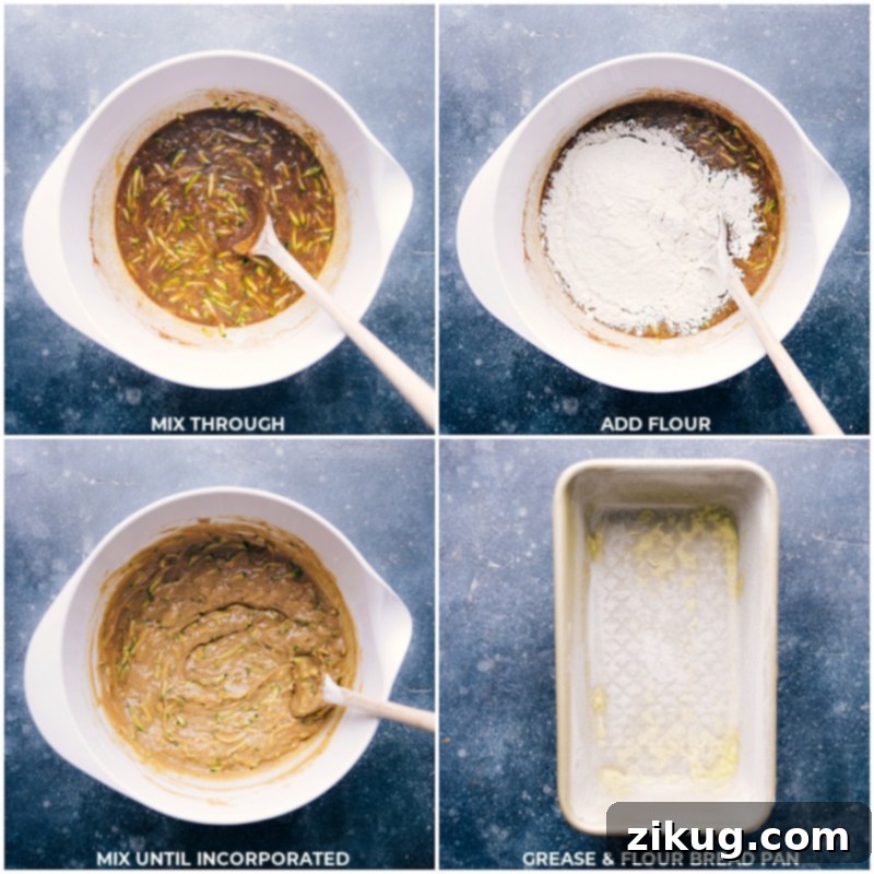 The process of preparing zucchini bread: mixing wet and dry ingredients in a bowl, and the prepared batter ready for baking in a greased and floured loaf pan.