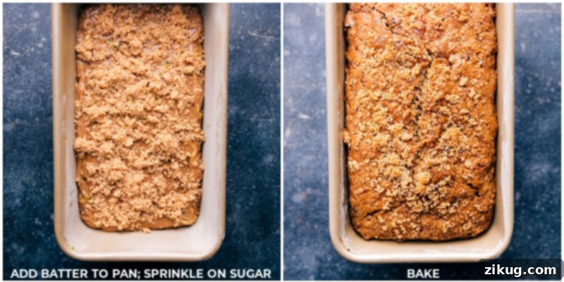 Two images: one showing the Zucchini Bread Recipe batter carefully placed in a bread pan with a sprinkle of brown sugar on top, and another showing the finished, golden-brown bread after baking, ready to cool.