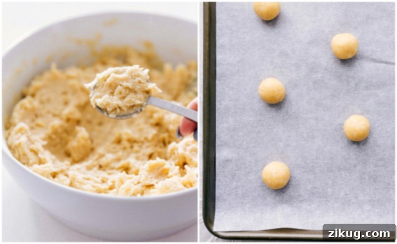 Rolling the cookie dough into perfect balls for baking. Process shots: scooping dough to make cookie balls