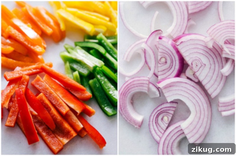 Veggie-packed "fajitas" in a bowl with amazingly seasoned sweet potatoes, bell peppers, and onion. Assortment of neatly cut vegetables for Vegetarian Fajitas, including sweet potatoes, bell peppers, and onions.