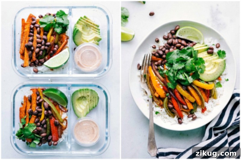 Veggie-packed "fajitas" in a bowl with perfectly seasoned sweet potatoes, bell peppers, and onion. Vegetarian Fajitas arranged beautifully in a bowl, perfect for a healthy dinner or meal prep.