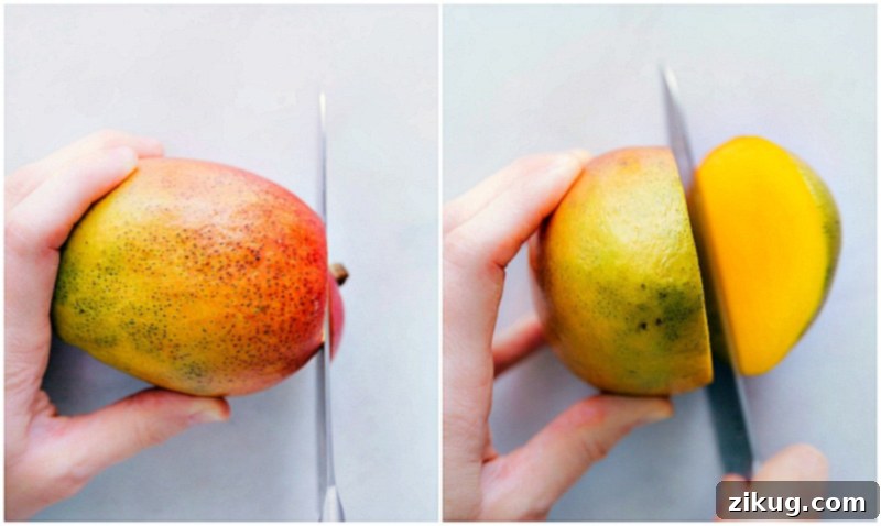 How to cut a mango using the scooping method for cubes or strips. Step-by-step images showing how to cut the stem off a mango and then slice the sides.