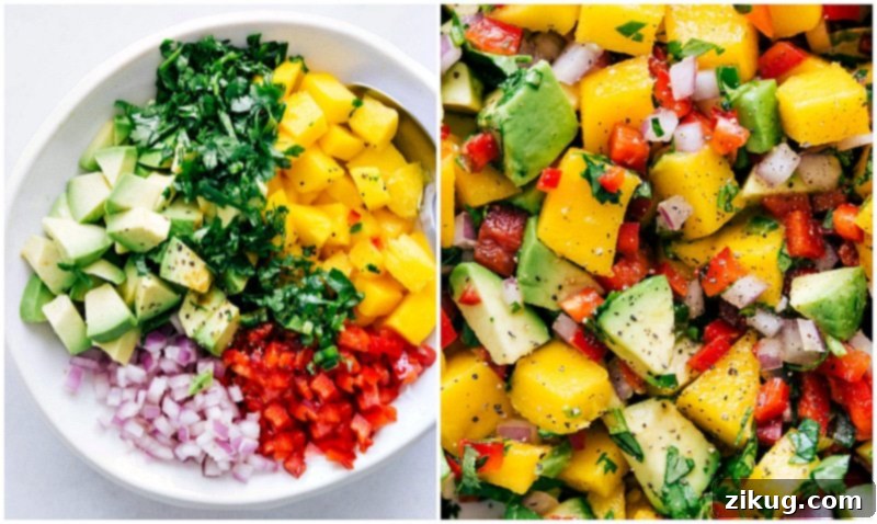 Freshly cut mango ready for consumption or use in recipes. Image of various ingredients for mango salsa, highlighting the versatility of cut mango.