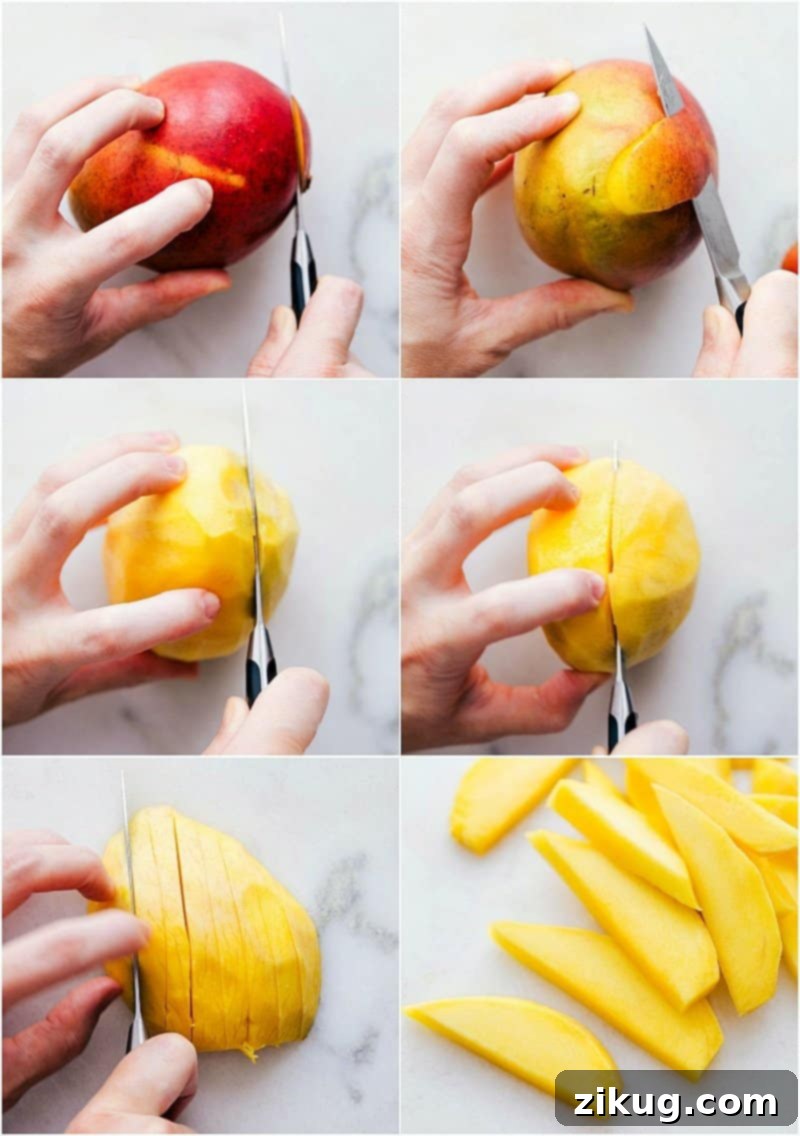 Step-by-step guide to peeling and cutting a mango for various uses. A visual guide on peeling a mango with a peeler and then slicing it into strips and cubes.