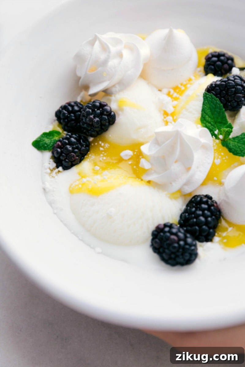 A vibrant serving of Meringue Cookies alongside lemon-blackberry frozen yogurt, highlighting their versatile use as a garnish.
