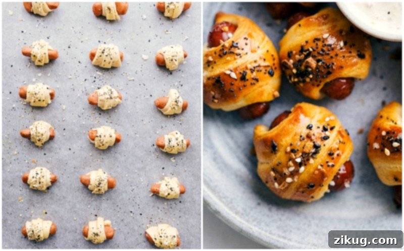 A side-by-side comparison of unbaked versus perfectly golden-brown, baked everything bagel pigs in a blanket on a baking sheet.