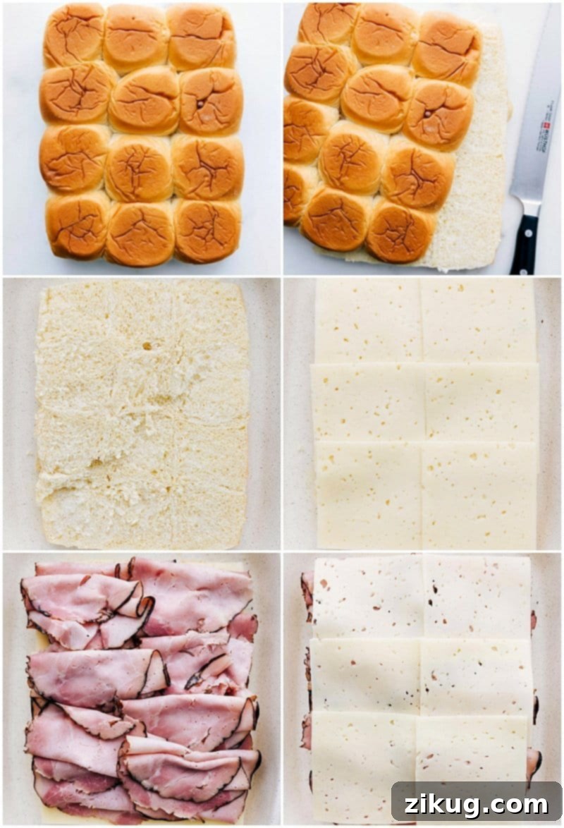 Assembling Ham And Cheese Sliders Visually Layering Hawaiian rolls, cheese, and ham in a baking pan for sliders assembly.