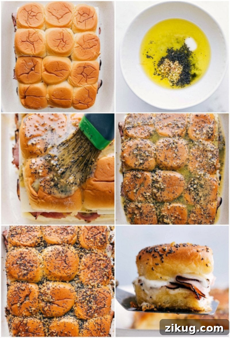 Applying Butter Topping to Ham And Cheese Sliders Before Baking The top layer of Hawaiian rolls added, then the seasoned butter topping spread generously before baking.