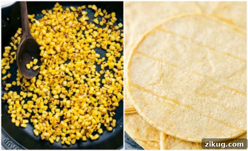 Overhead image of prepped charred corn and warm tortillas for healthy black bean tacos.