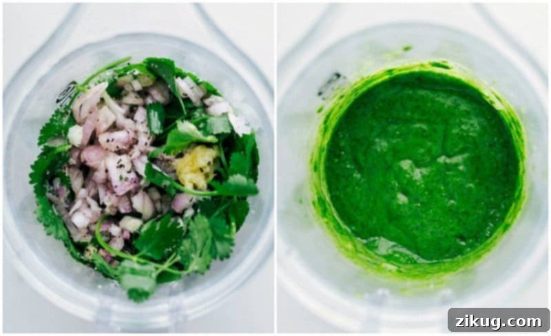 Overhead image of the fresh cilantro pesto dressing being prepared for Healthy Tacos.