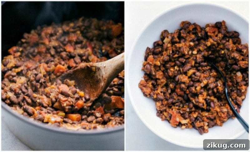 Overhead image of the seasoned black beans and sautéed onions, the flavorful core of these Healthy Tacos.
