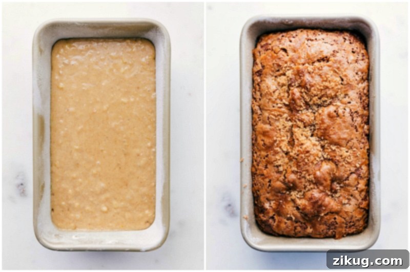 Unbaked and baked Easy Banana Bread loaves side-by-side, showcasing the transformation.