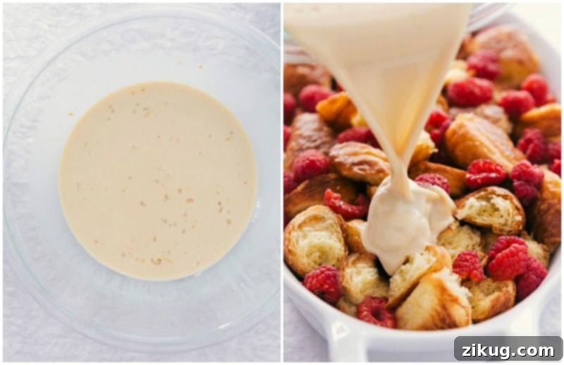 Luscious Vanilla Sauce Elevating the Croissant Bread Pudding Experience A rich, golden vanilla sauce being poured generously over a warm, freshly baked croissant bread pudding in a rustic baking dish.