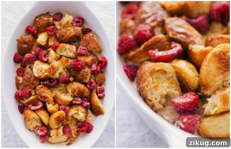 Ready-to-Bake Easy Croissant Bread Pudding with Raspberries An unbaked easy bread pudding recipe in a glass baking dish, filled with custard-soaked bread chunks and raspberries, ready to be placed in the oven.