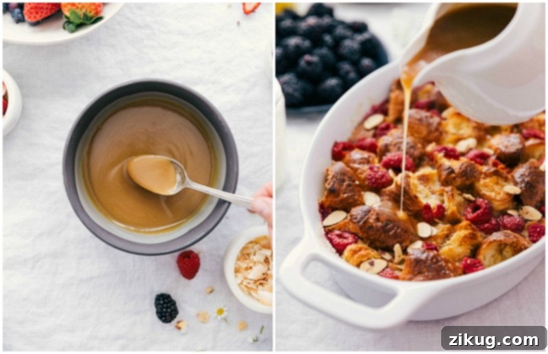 Sweet Vanilla Sauce Drizzling Over Warm Croissant Breakfast Bake A close-up of sweet vanilla sauce gracefully drizzling over a warm, golden-brown croissant breakfast bake, highlighting the rich textures and appealing sheen.