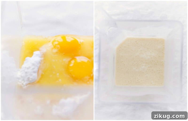 Side-by-side comparison of unmixed crepe ingredients in a blender versus the smooth, perfectly blended batter ready for cooking.