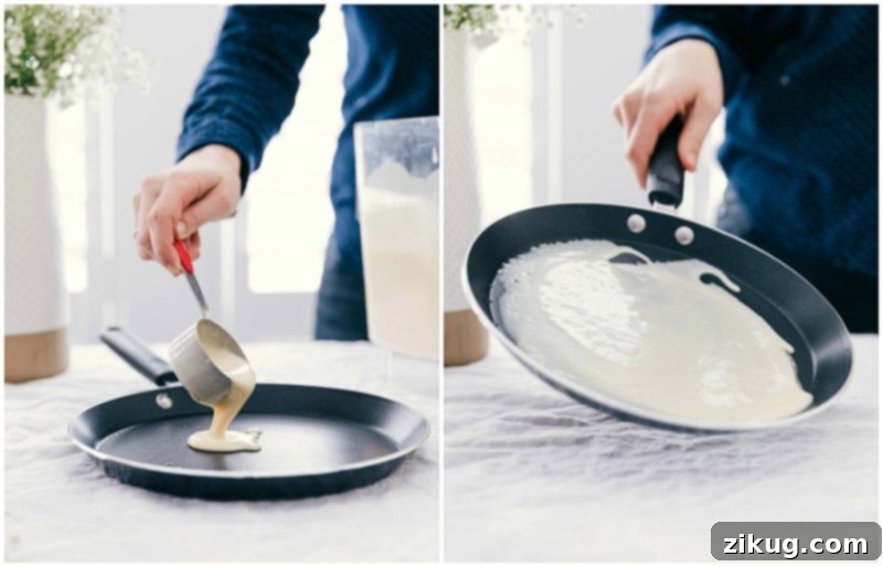 The process of pouring liquid crepe batter into a hot pan and swiftly tilting it to create an even, thin layer for cooking.