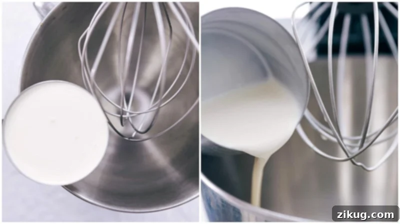 Learning how to make an exceptional whipped cream recipe is an indispensable skill for countless dishes and desserts. A mixing bowl filled with heavy whipping cream, ready to be transformed into fluffy whipped cream.