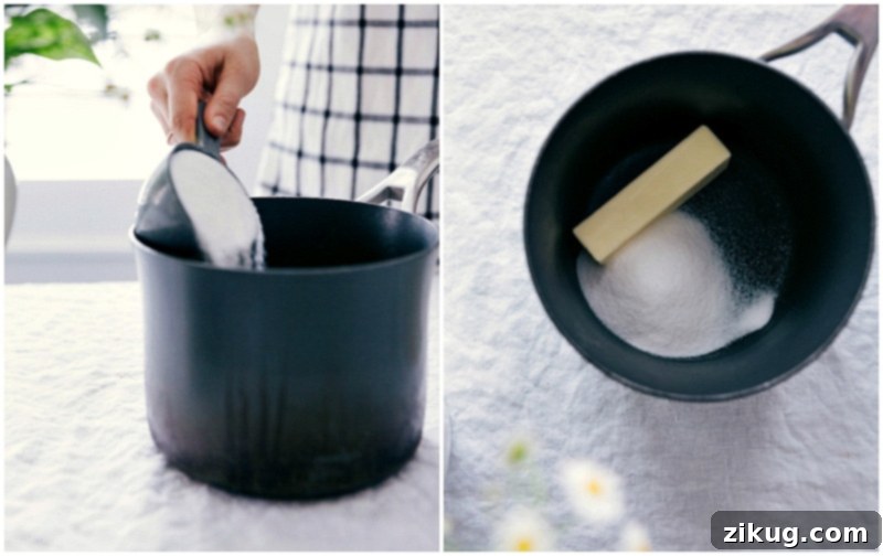 Beginning the Vanilla Sauce: Butter and Sugar in a Pot Process shot showing unsalted butter cubes and granulated sugar being added to a saucepan on the stovetop, the first step in making vanilla sauce.
