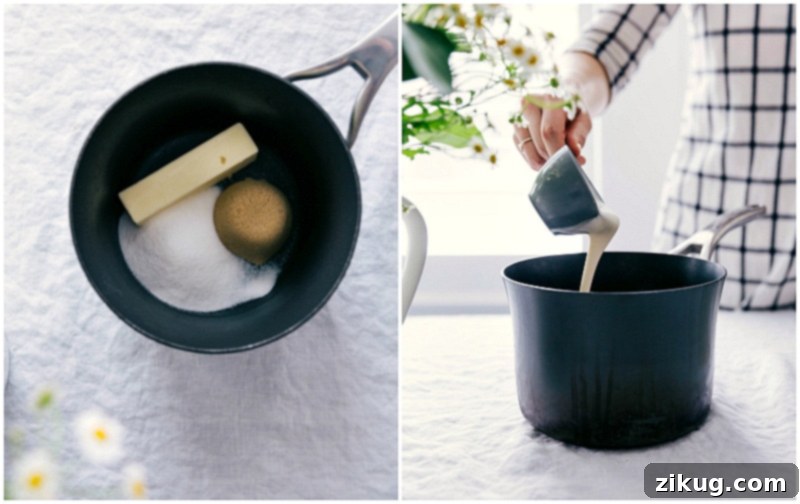 Adding Brown Sugar and Heavy Cream to the Vanilla Sauce Base Process shot showing light brown sugar and heavy cream being poured into a saucepan with melted butter and granulated sugar, demonstrating the next step in creating the vanilla sauce.
