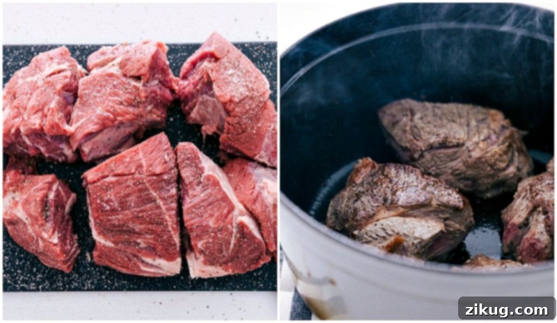 Sear The Beef For This Beef Ragu Chop the meat into evenly sized pieces, then sear in a pot.