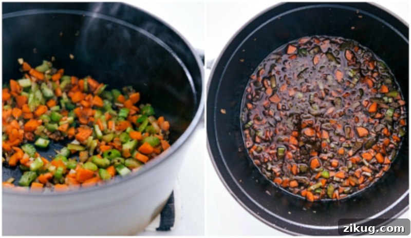 How To Make Beef Ragu Sauté the veggies, then add the broth and cook everything together.