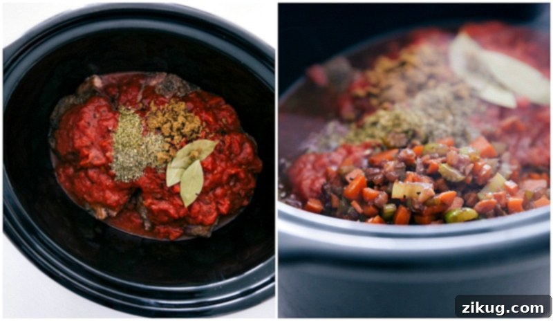 Slow Cooked Beef Ragu Beef, tomatoes, seasonings, and bay leaves added to the slow cooker for this beef ragu recipe to cook together.