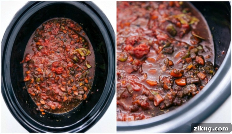 Beef Ragu is flavor-packed, Italian-inspired comfort food. Make it easier in the slow cooker and serve it over pappardelle pasta. Recipe via chelseasmessyapron.com #italian #beefroast #pasta #ragu #slowcooker Overhead image of all the ingredients added to the slow cooker for Beef Ragu.