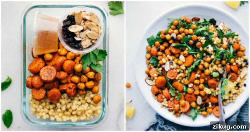 Two presentations of Moroccan Carrot Salad: one in a meal prep container and another as a freshly assembled salad in a serving bowl.
