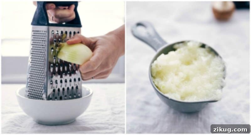 Preparing Ingredients: Grated Onion for Turkey Meatloaf Hands grating a yellow onion into a bowl, preparing fresh ingredients for the turkey meatloaf recipe.