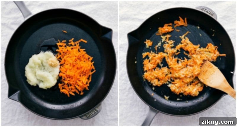 Sautéed Vegetables: The Flavor Base for Turkey Meatloaf Overhead shot of sautéing grated onion, minced garlic, and shredded carrots in a large pan for a healthy Turkey Meatloaf recipe.