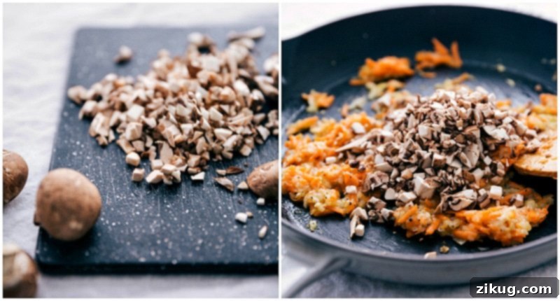 Cooking Process: Adding Mushrooms to Sautéed Vegetables Finely chopped mushrooms being added to a pan with already sautéed onions, garlic, and carrots, enhancing the vegetable base.