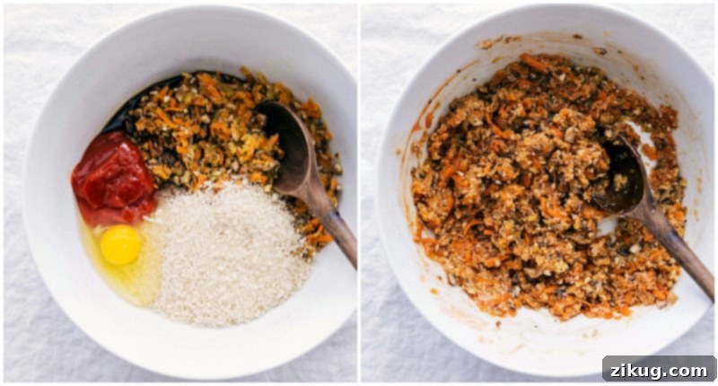Combining Sautéed Vegetables with Panko, Egg, and Ketchup Sautéed vegetables in a bowl with a mixture of panko, egg, and ketchup being added, ready for combining to form the meatloaf base.