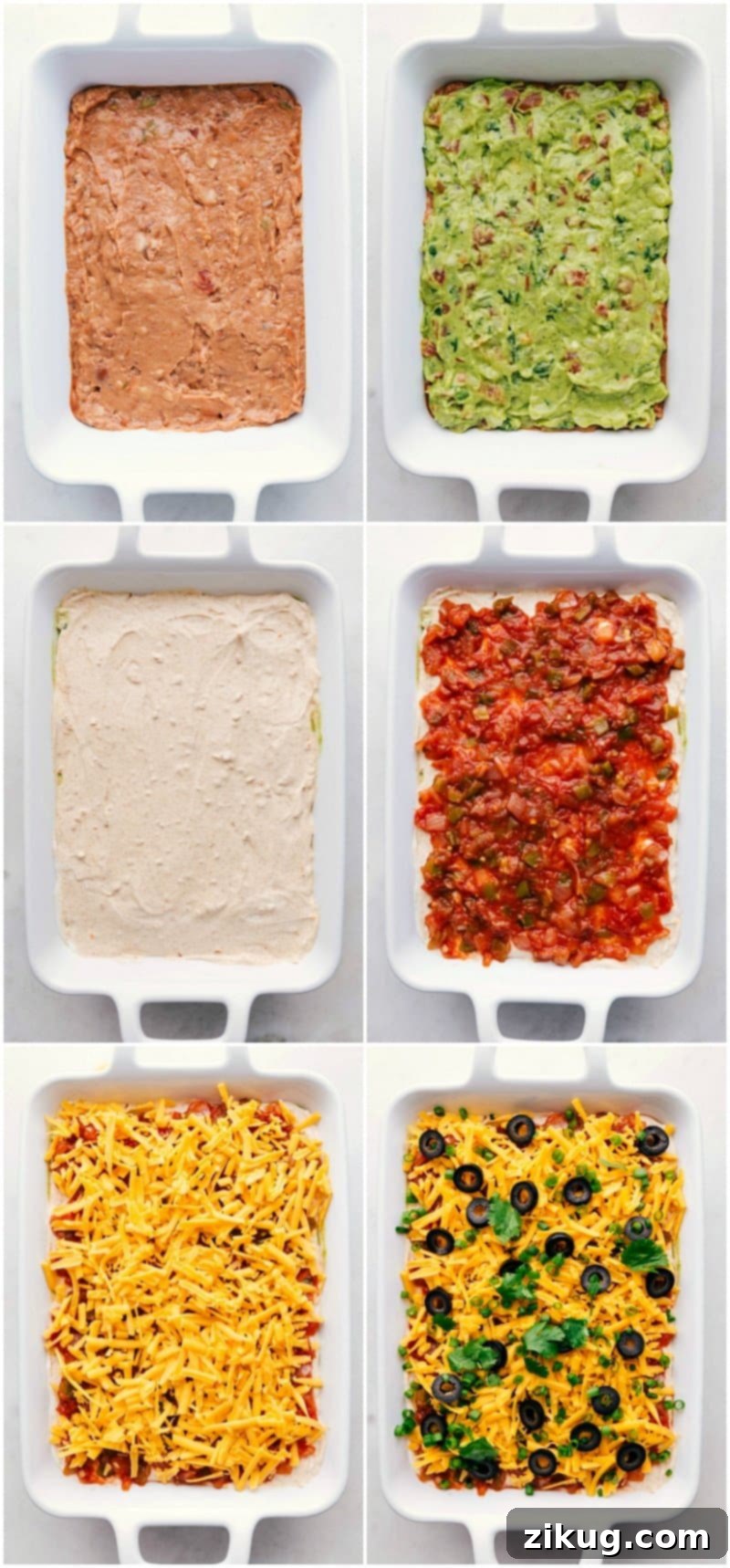 Effortless 7-Layer Bean Dip 2 All the individual layers of the 7-Layer Bean Dip: refried beans, guacamole, sour cream with taco seasoning, salsa, cheese, olives, and green onion, ready for assembly.