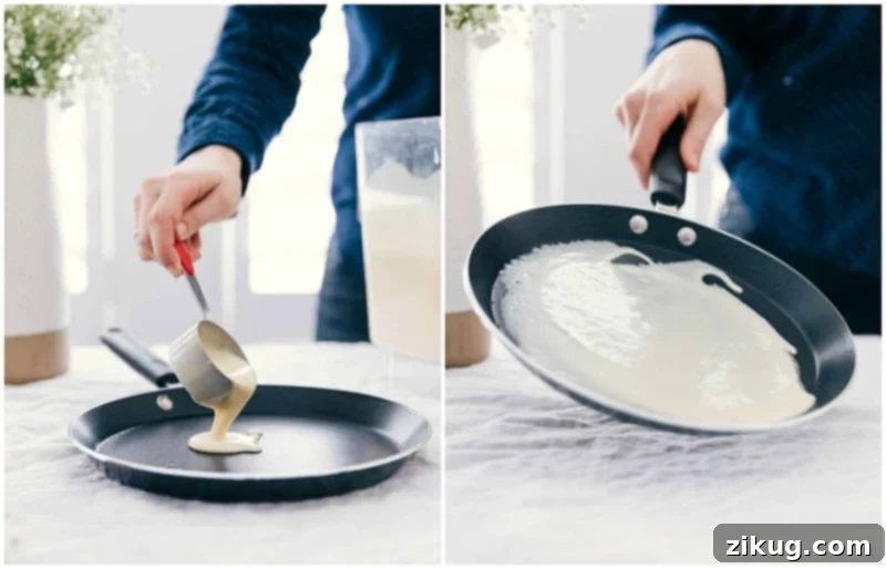 This simple crepe recipe is filled with an easy custard filling, plenty of bananas, and chopped walnuts. Banana Crepes are easy to make -- the actual crepes and custard can be made ahead of time so when you're ready to serve, everything comes together in a flash. Recipe via ChelseasMessyApron.com #crepes #bananas #custart #walnuts #breakfast Image of the crepe mixture being added to the pan to make Banana Crepes, showing the cooking process.