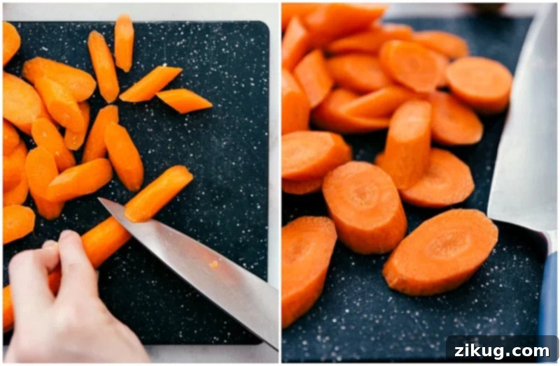 Pesto-Kissed Garden Medley 5 Carrots being finely chopped and prepped for roasting in these Pesto Veggie Bowls.