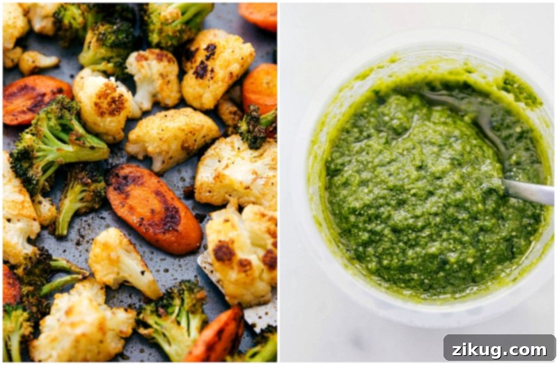 Pesto-Kissed Garden Medley 7 Overhead image of perfectly roasted vegetables and a bowl of fresh basil pesto, prepared for assembling the Pesto Veggie Bowls.