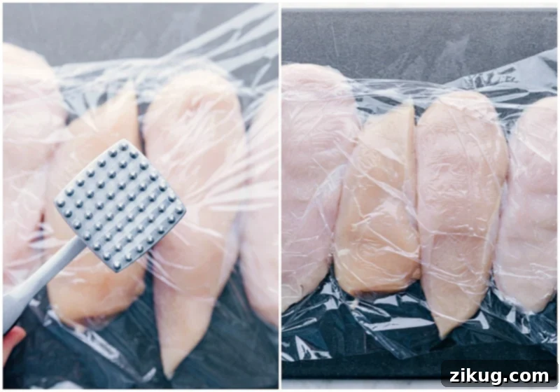 Delicious Pesto Chicken A meat tenderizer mallet used to pound chicken breasts to an even thickness, a crucial step for juicy, evenly cooked Pesto Chicken.