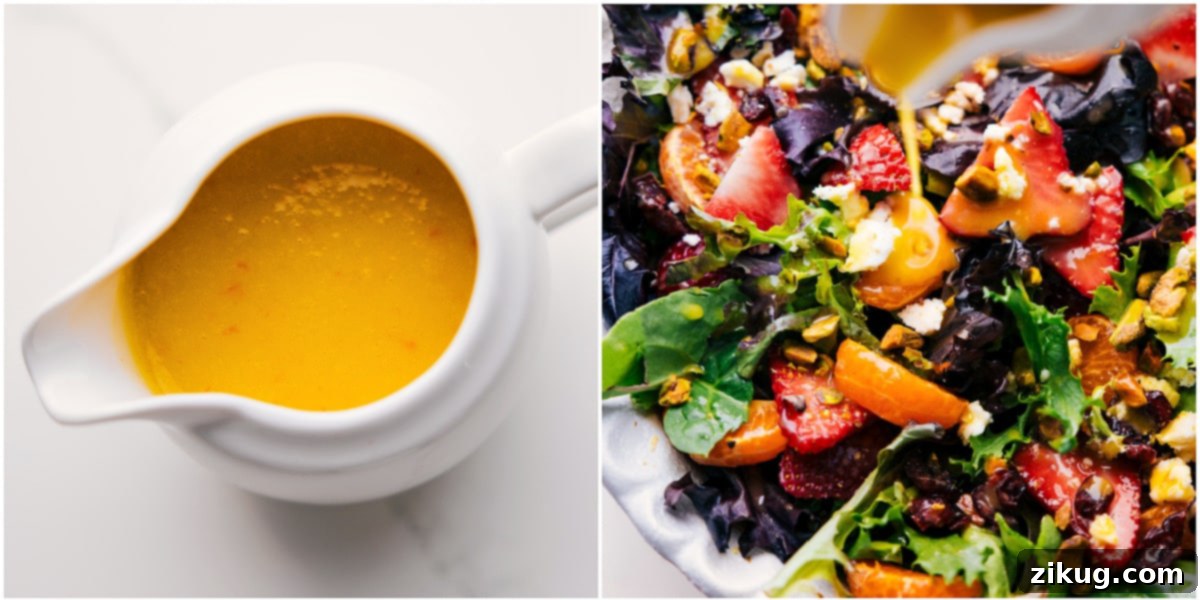 Homemade citrus dressing prepared in a jar, then expertly poured over a colorful Strawberry Salad, ready to be tossed.
