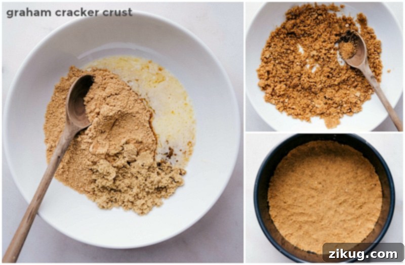 Preparing the graham cracker crust for the no-bake pumpkin cheesecake by pressing the crumbs firmly into a springform pan, a crucial first step for a stable and delicious base.