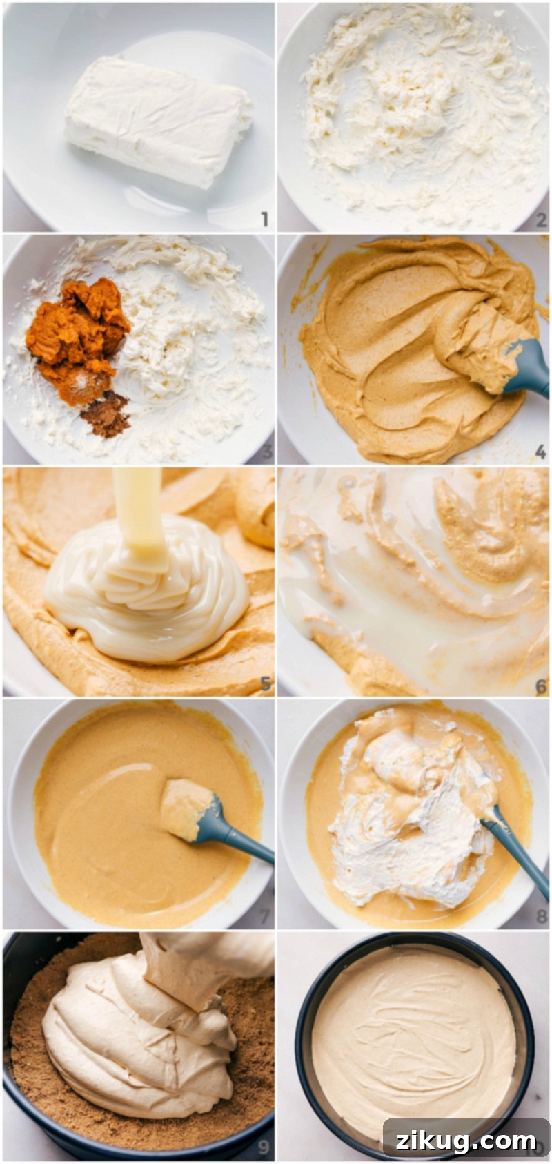 The process of mixing ingredients to create the luscious, smooth, and perfectly spiced pumpkin filling for an easy no-bake pumpkin cheesecake. The creamy texture promises a delightful treat.