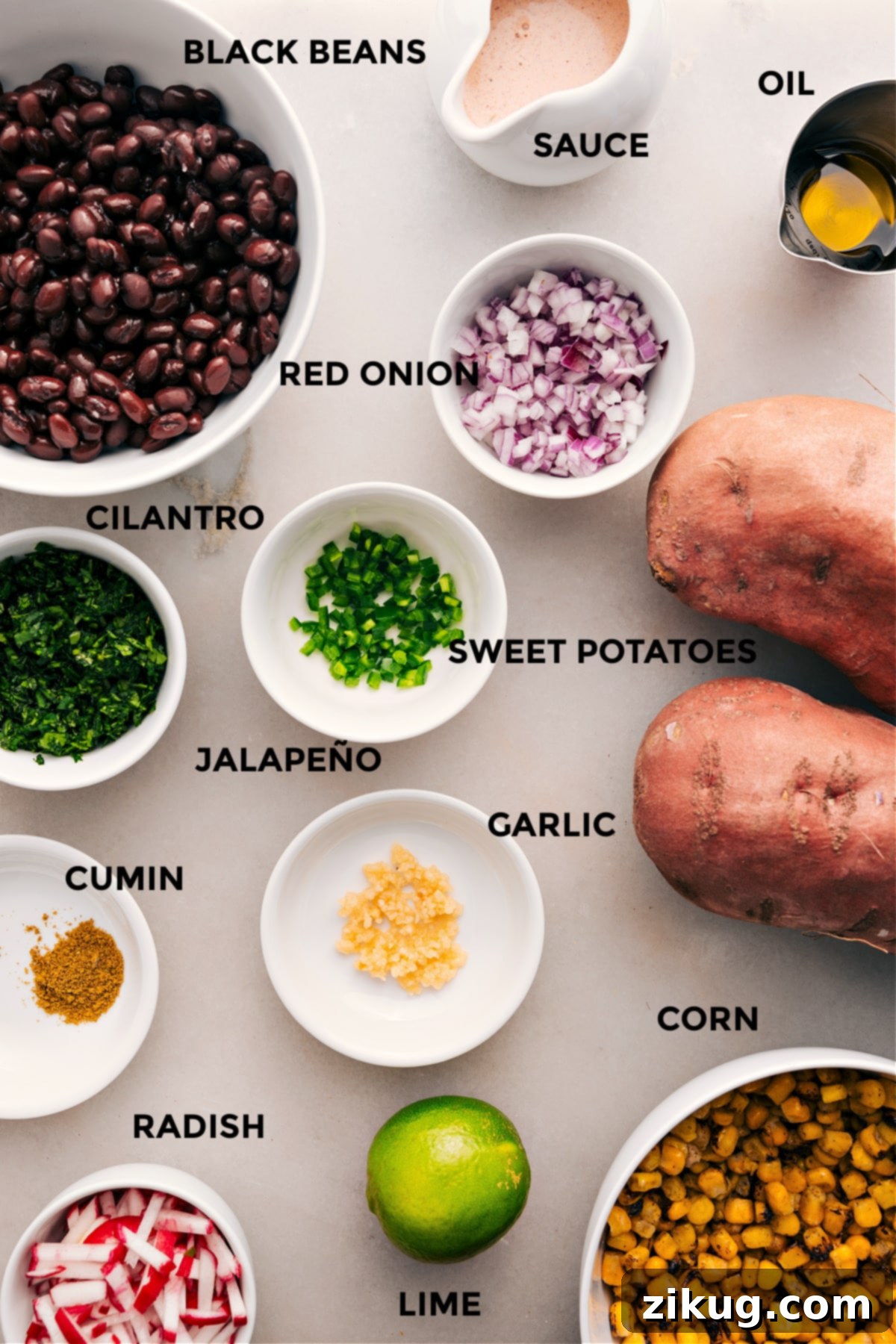 A vibrant display of all the fresh ingredients needed for Southwestern Stuffed Sweet Potatoes: black beans, creamy sauce, olive oil, red onion, fresh cilantro, sweet potatoes, fire-roasted corn, garlic, crisp radishes, and zesty lime.