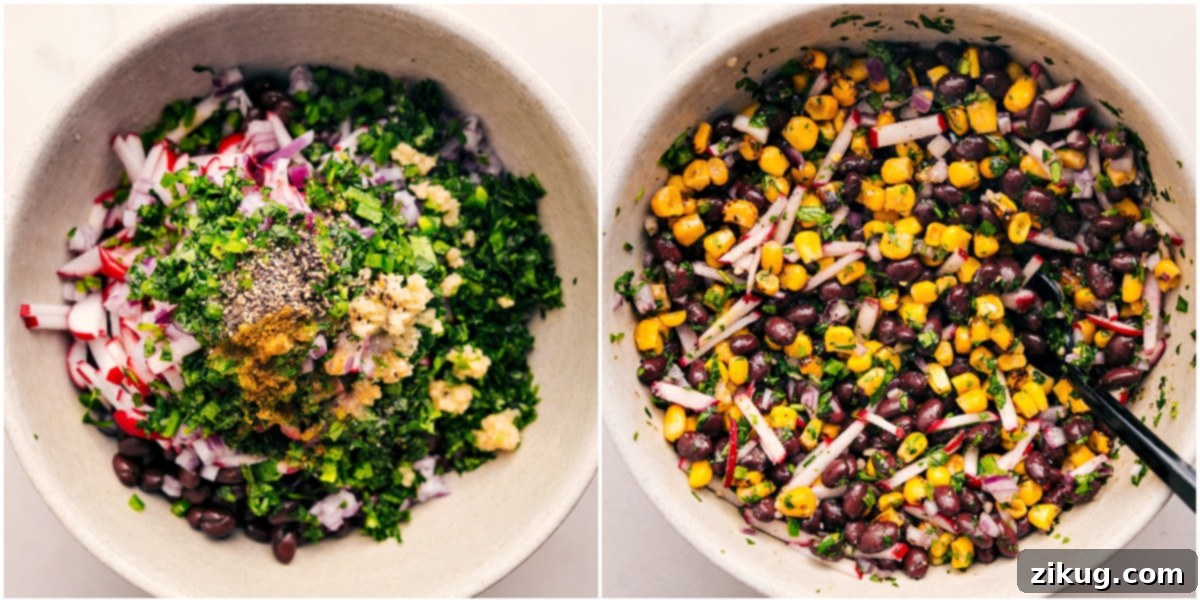 Preparing the Southwestern topping: a colorful mix of black beans, corn, fresh herbs, seasonings, minced garlic, and sliced radishes in a bowl.