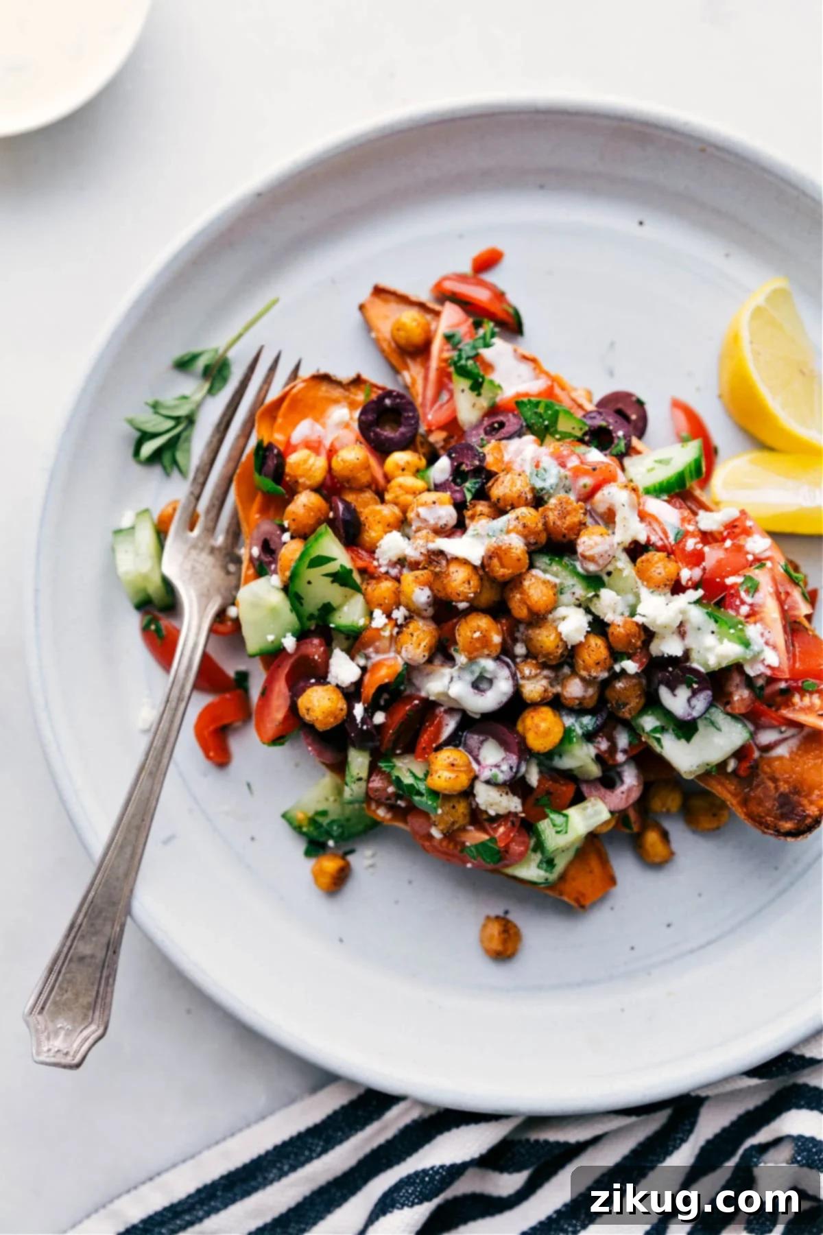 Mediterranean Baked Sweet Potatoes with Delicious Dressing