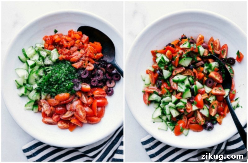 Colorful topping of diced tomatoes, cucumber, olives, roasted red peppers, and fresh parsley to top the potatoes.