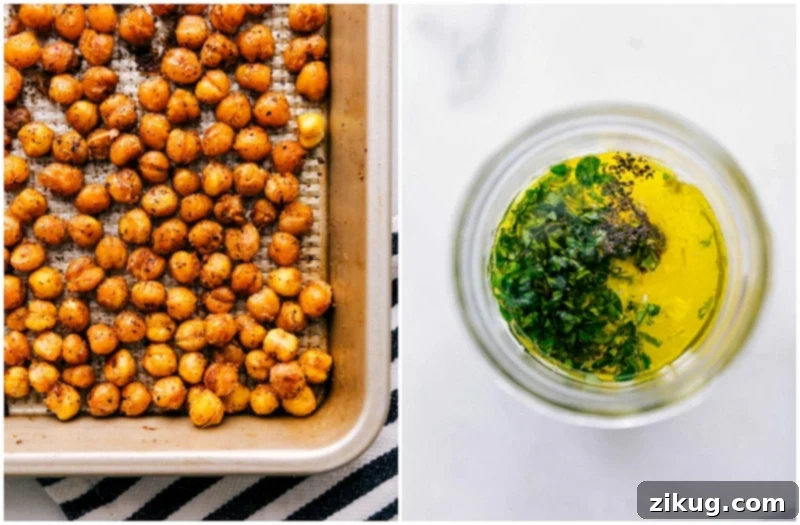 Crispy roasted chickpeas and zesty lemon dressing, waiting to be added to the meal.