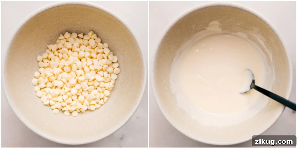 White Chocolate Leprechaun Bait Recipe Smooth white chocolate is melting in a bowl, ready to be drizzled over and thoroughly mixed into the Leprechaun Bait ingredients.